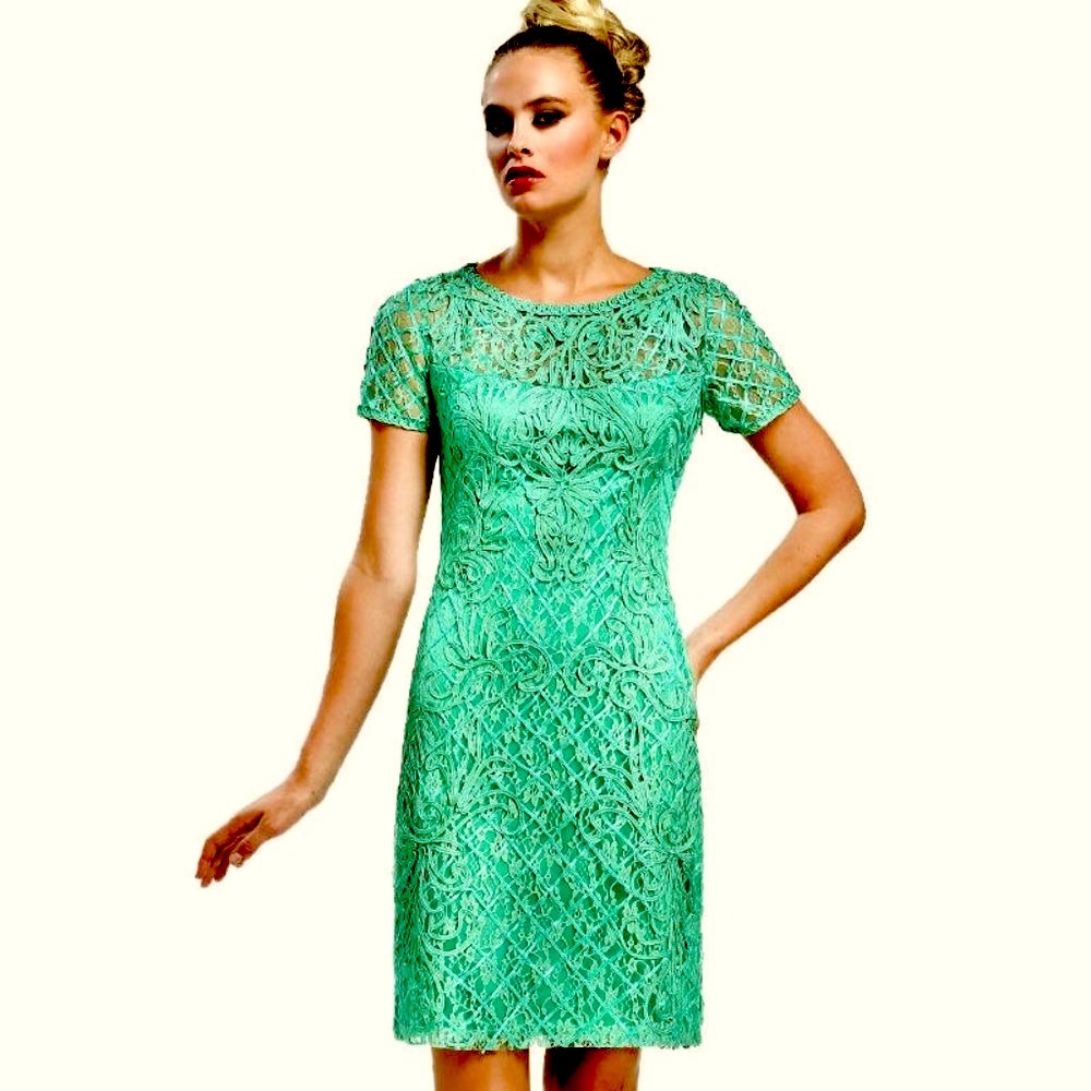 NEW Sue Wong Embroidered Emerald Green Lace Sheath Cocktail Dress